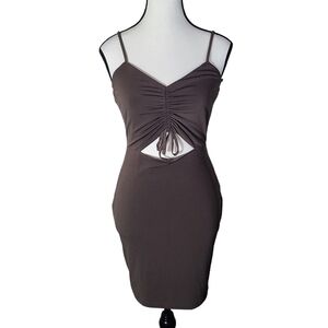 Lovesome brown ruched bodycon mini dress open midriff tie detail size Medium